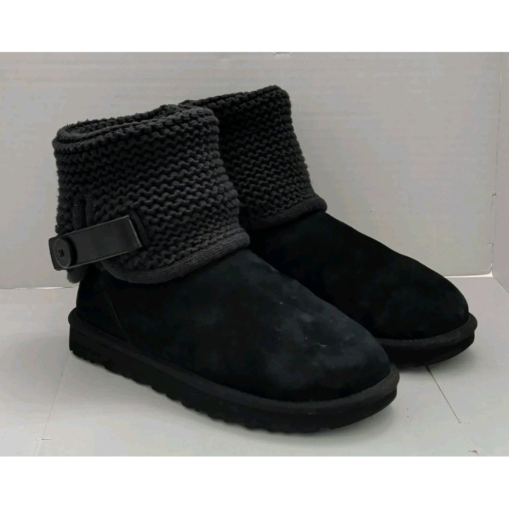 UGG Shaina Black Suede Knit Fold-Over Sweater Cuff Ankle Boots Sz 8 Textured